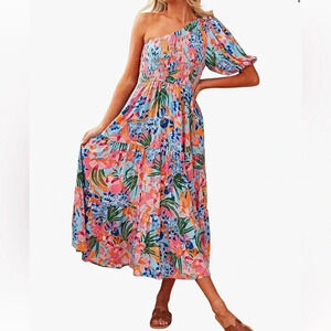 Floral Tropical One Shoulder Smocked Dress midi wedding guest travel
